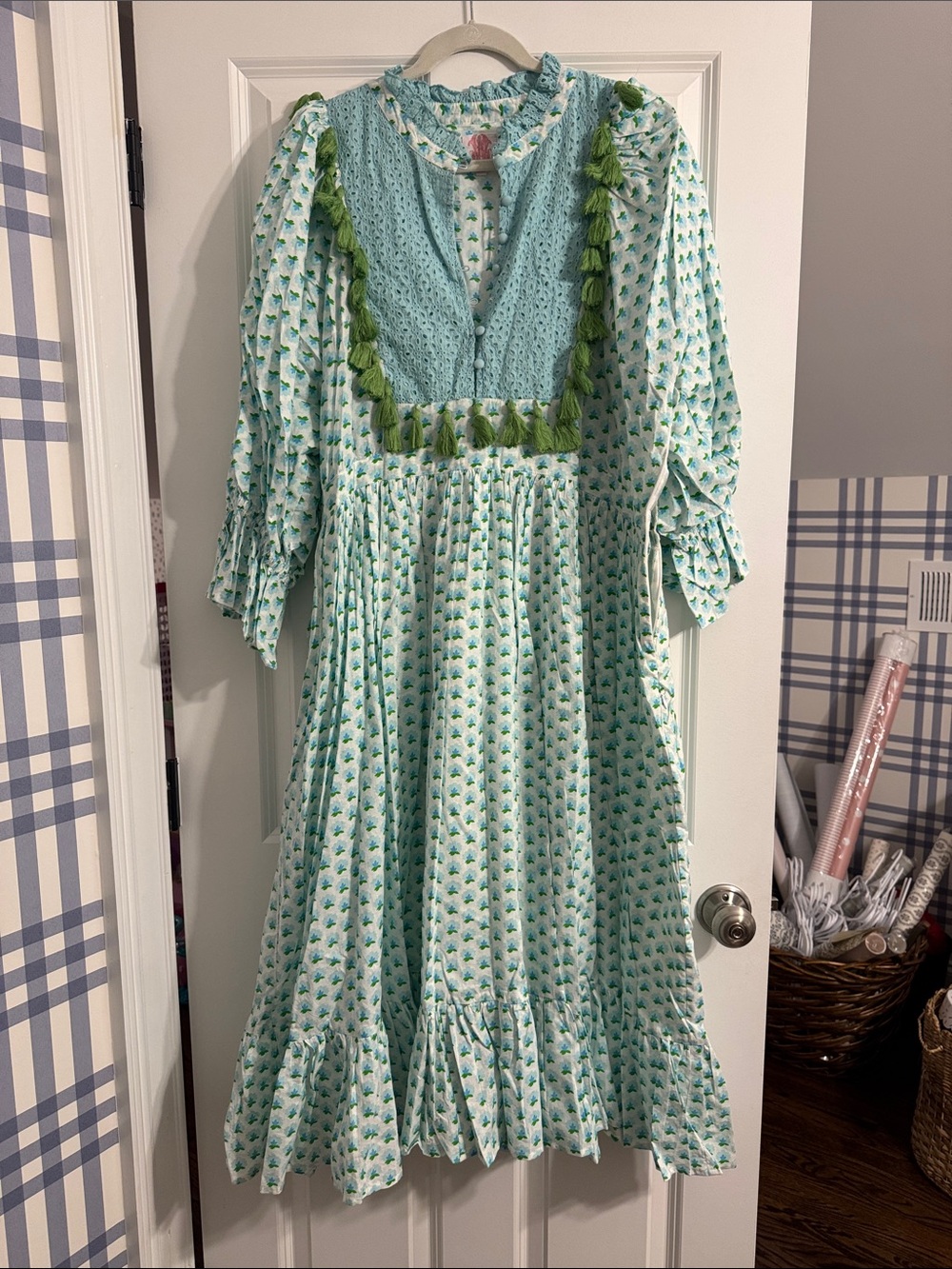 Women’s Elizabeth Wilson Light Blue & Green Tassel-Trimmed Cotton Dress